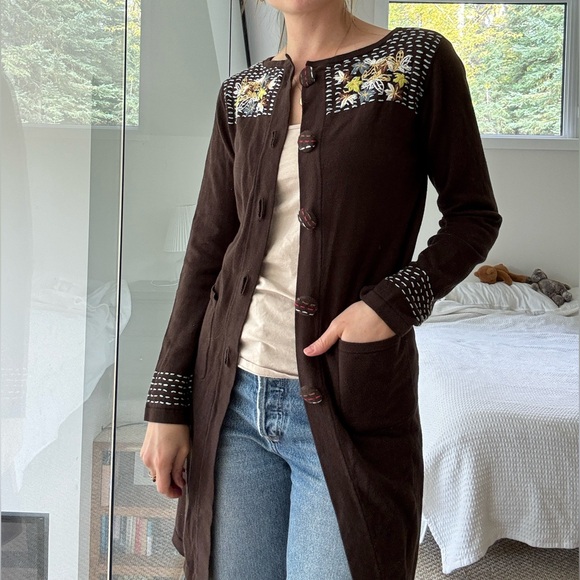 Vintage Sweaters - Vintage Brown Floral Embroidered Long line Cardigan xs